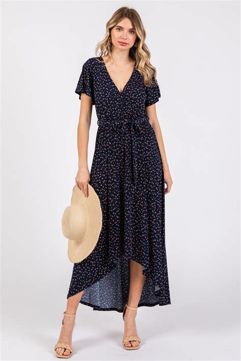 Navy Blue Wrap Front V Neck Hi Low Midi Dress Pinkblush