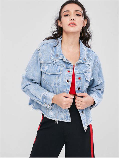 31 Off 2021 Ripped Grommet Denim Jacket In Denim Blue Zaful