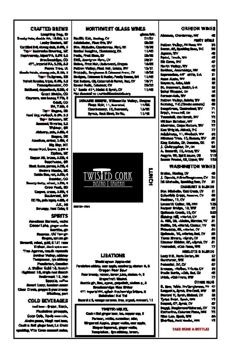 Menu at Twisted Cork Bistro pub & bar, Omaha