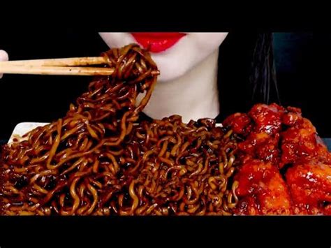 ASMR BLACK BEAN FIRE NOODLES BBQ CHICKEN MUKBANG No Talking EATING