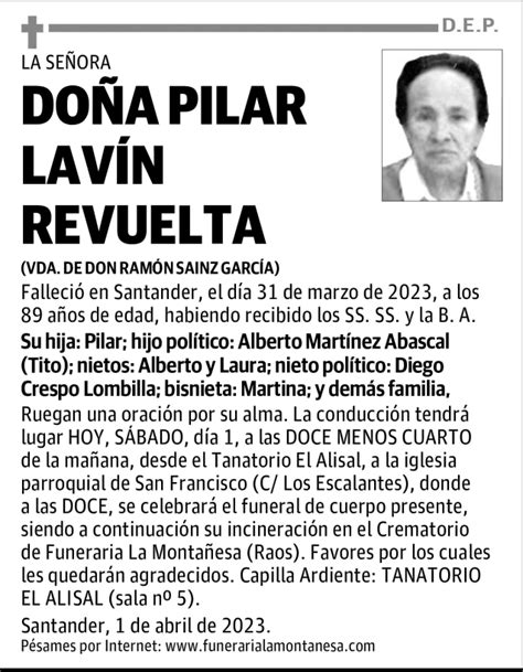 Do A Pilar Lav N Revuelta Esquela Necrol Gica El Diario Monta S