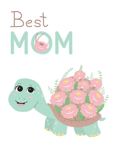 Linda Tortuga De Dibujos Animados Con Flores Vector Premium