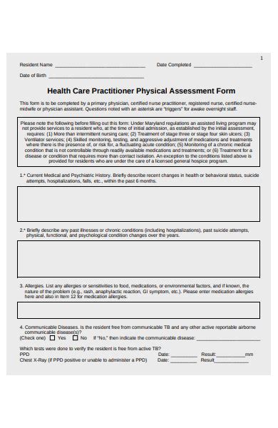 Printable Health Assessment Form