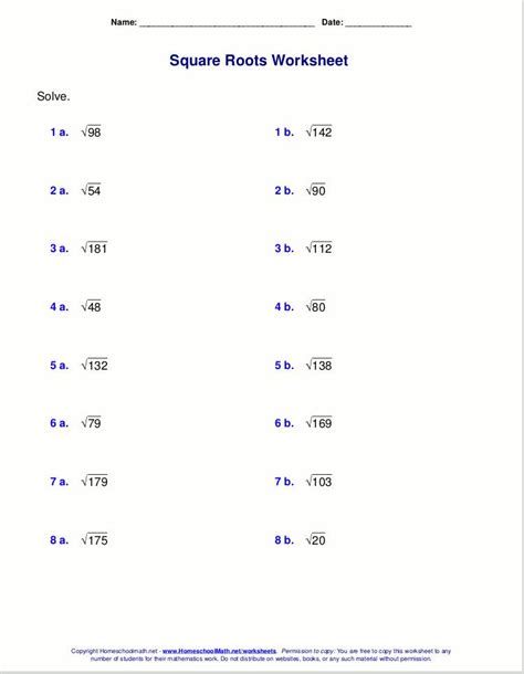 Estimating Non Perfect Square Roots Worksheets