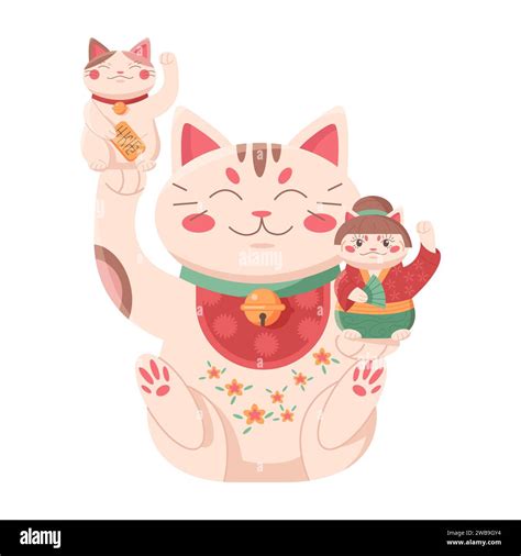 Maneki Neko Fortune Cat Traditional Japanese Lucky Cat Bringing Wealth Cartoon Vector