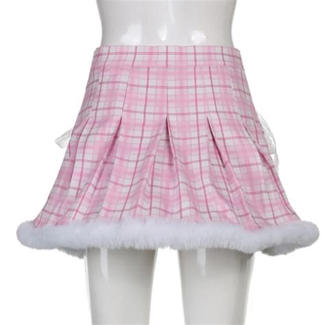 Cute Pink Plaid Feather Lace Up Pleated High Waist A-line Mini Skirt ...