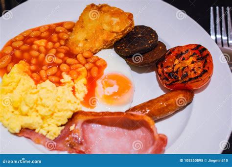 Full English Breakfast With Bacon Sausage Fried Egg Beans Scrambled