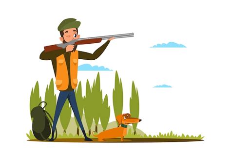 Caza Con Ilustración Plana De Perro Arma Joven Cazador Preparándose