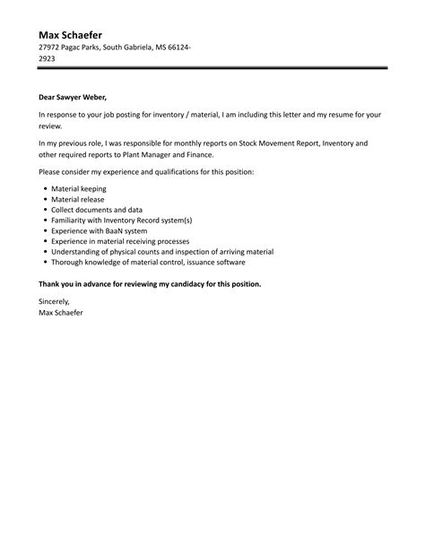 Inventory Material Cover Letter Velvet Jobs