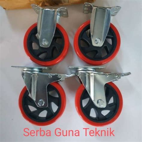 Promo Roda Troli Pu Inch Medium Caster Merah Taiwan Duty Rem Mati