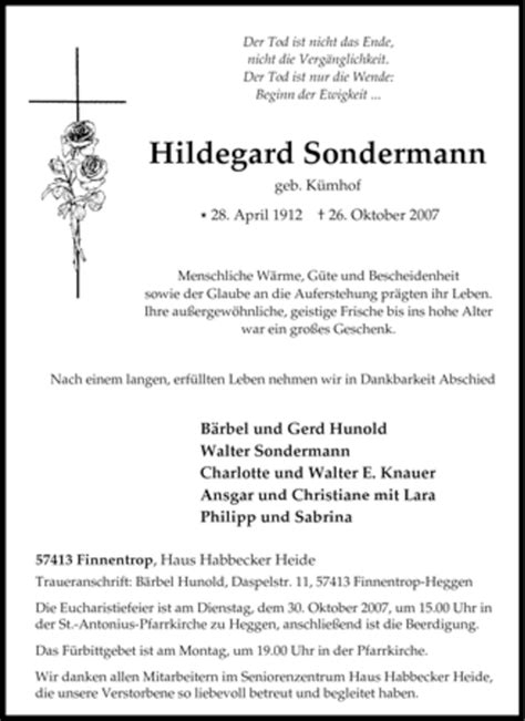 Traueranzeigen Von Hildegard Sondermann Trauer In Nrw De