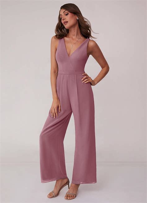 Vintage Mauve Shirred V Neck Chiffon Jumpsuit Bridesmaid Dresses Azazie