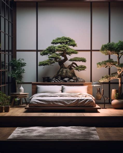 Zen Bedroom With Indoor Bonsai Garden