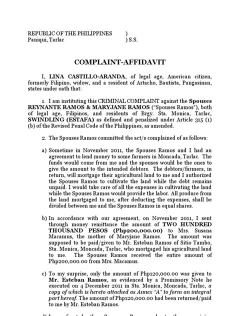 Pdf Complaint Affidavit For Estafa Dokumen Tips