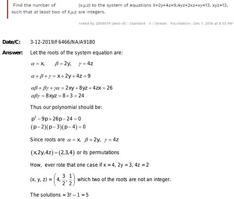 Find The Number Of Solutions X Y Z To The System Of Equations X 2y 4z 9 4yz 2xz Xy 13 Xyz 13