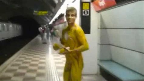 Performing Males Naked Man Promotes Mobile Phone Company While Naked In Public
