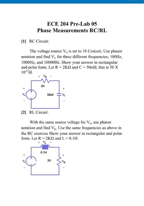 Solved Ece 204 Pre Lab 05 Phase Measurements Rcrl 1 Rc