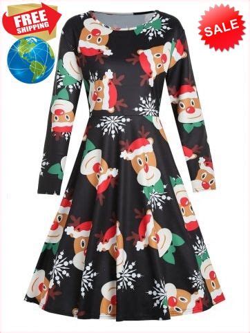 Cheap Sale Plus Size Reindeer Print Christmas Dress Best Prices