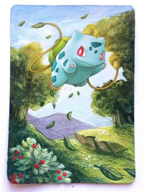 A Painting Of A Pokemon Flying Through The Air With Trees And Bushes In