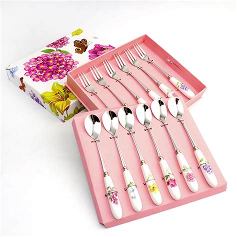 Pcs Stainless Steel Spoon Fork Set With Ceramic Handle Tea Forks