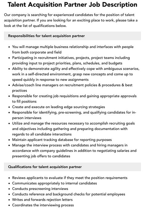 Talent Acquisition Partner Job Description Velvet Jobs