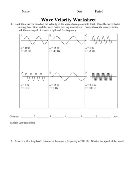 Wave Velocity Calculations Worksheets