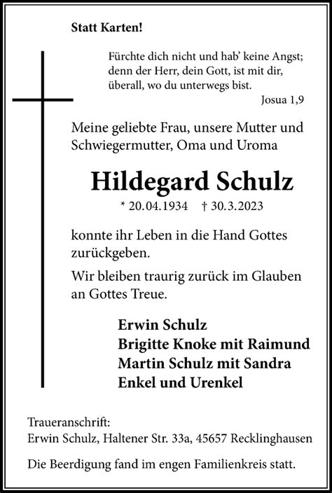 Traueranzeigen Von Hildegard Schulz Sich Erinnern De