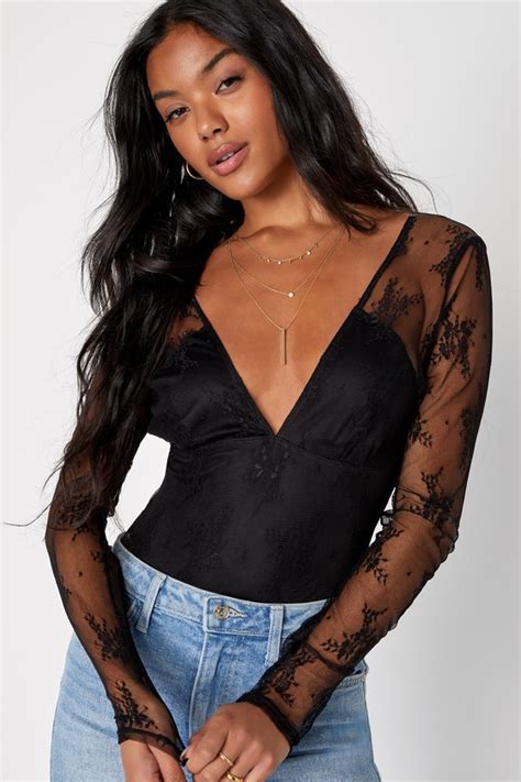 Black Sheer Lace Bodysuit Long Sleeve Bodysuit V Neck Top Lulus