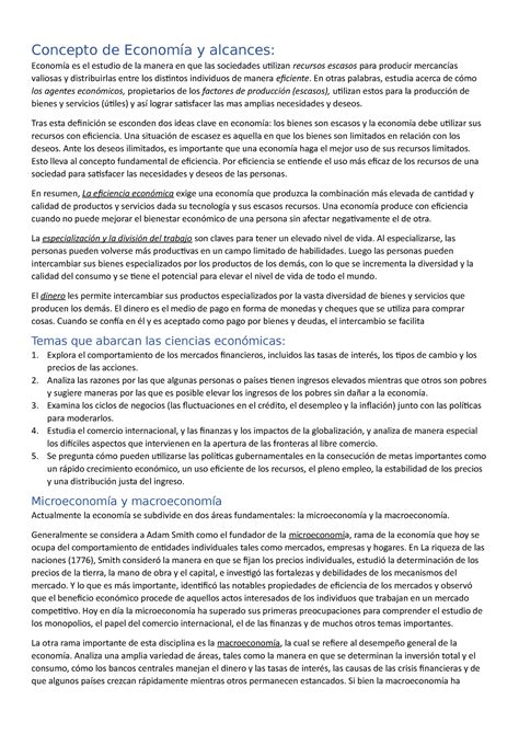 Resumen Economia Primer Parcial Concepto De Econom A Y Alcances