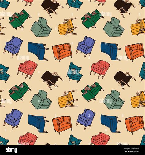 Armchairs And Chairs In Vintage Style Seamless Pattern Hand Drawn Vector Illustration Stock