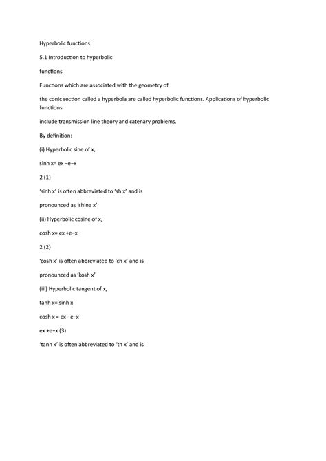 Hyperbolic Functions Applications Of Hyperbolic Functions Include Transmission Line Theory And