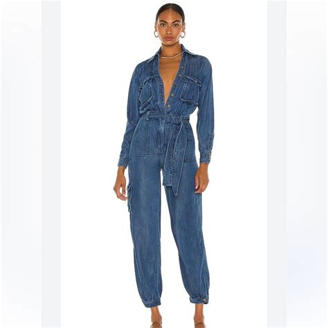 Nwt Lpa Revolve Amaya Chambray Belted Waist Tie Denim Jumpsuit Women S