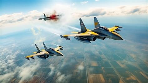 Premium Ai Image A Group Of Fighter Jets Flying In The Sky Above A City