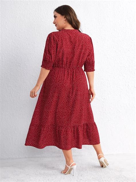 Shein Lune Plus Polka Dot Print Notched Neckline Ruffle Hem Dress