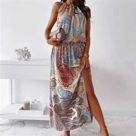 Zomer Mouwloze Lange Jurk Vrouwen Gedrukt Halter Jurk Sexy Boho Taille