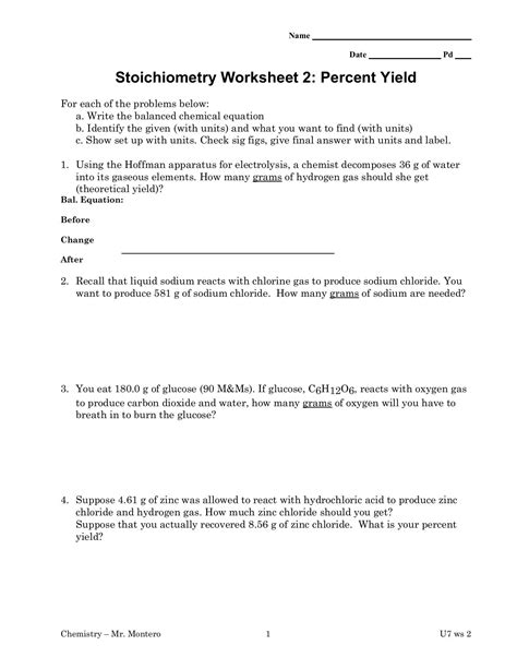 Name Date Pd Stoichiometry Worksheet Percent Yield Worksheets Library