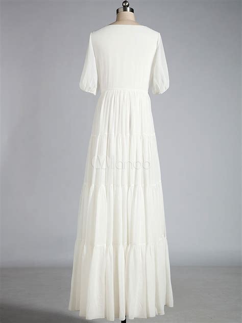 White Maxi Dress Short Sleeves Chiffon Dress