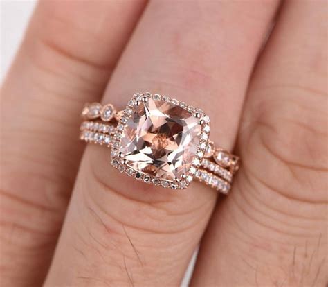 Sale 2 Carat Morganite And Diamond Trio Wedding Bridal Ring Set In 10k Rose Gold With One