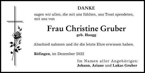 Traueranzeigen Von Christine Gruber Augsburger Allgemeine Zeitung