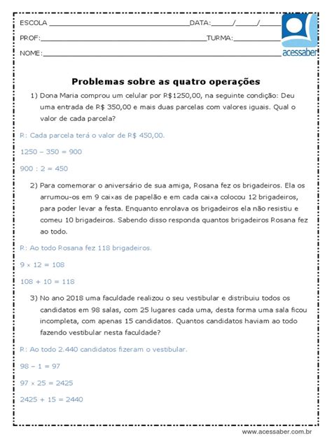 Situações Problemas 6 Ano Envolvendo As Quatro Operações - Atividade de Matematica Problemas Sobre As Quatro Operacoes 5 Ou 6 Ano ...