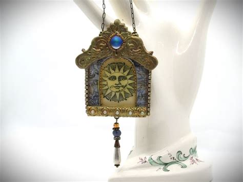 Polymer Clay Mixed Media Assemblage Art Hanging Shrine Ornament Sun