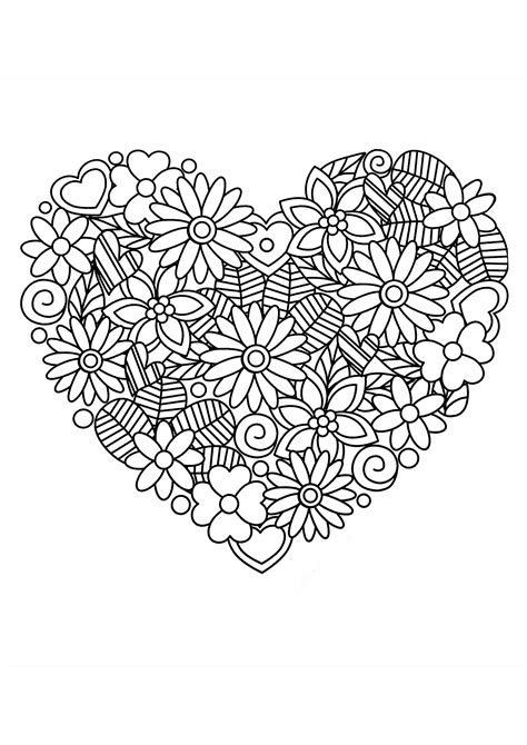 Pretty Heart Of Flowers And Leaves Flowers Adult Coloring Pages