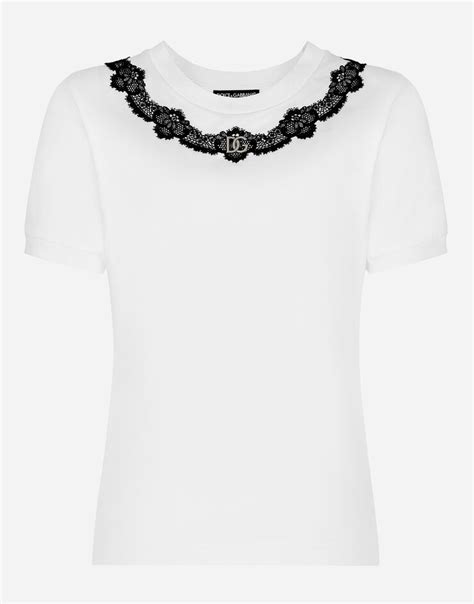 Jersey T Shirt With Dg Logo And Lace Inserts In White For Women Dolce