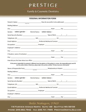 Fillable Online PERSONAL INFORMATION FORM Bprestigedentalslubbcomb