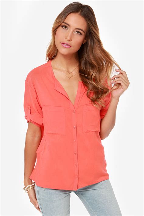 Cute Coral Top Coral Blouse Button Up Top 3400 Lulus