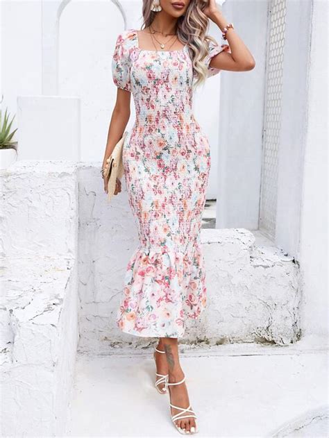 Shein Vcay Vestido Con Estampado Floral De Manga Farol Bajo Sirena