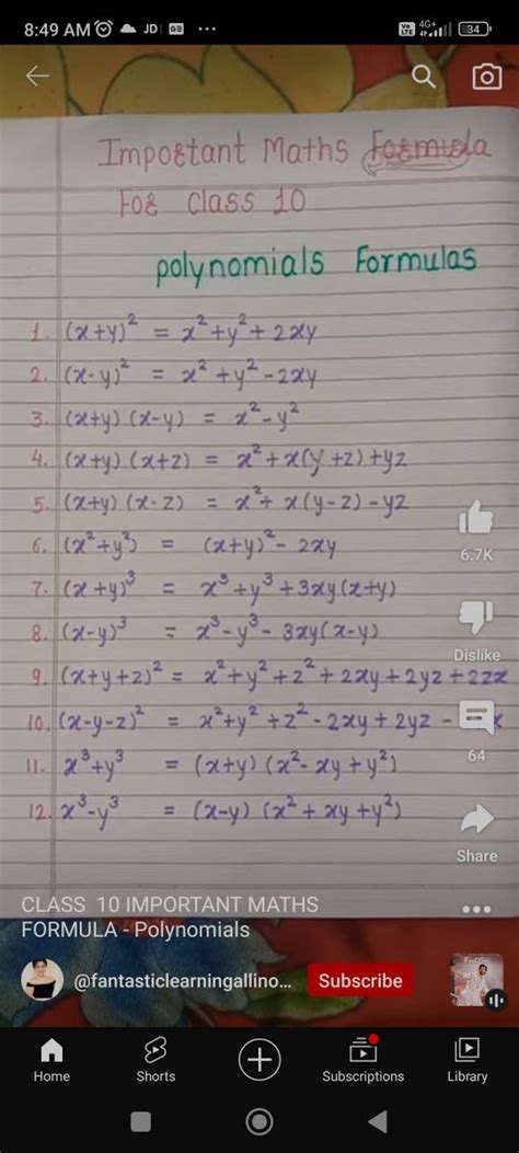 Important Maths Fogmola Foz Class 10polynomials Formulas1 Xy2x2y2