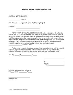 North Dakota Partial Waiver And Release Of Lien Free North Dakota Lien