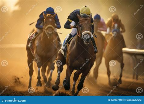 Horse Racing at Sunset. Silhouette of Thoroughbred and Jockey. Generative AI. Stock Illustration ...