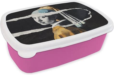 Broodtrommel Roze Lunchbox Brooddoos Meisje Met De Parel Goud